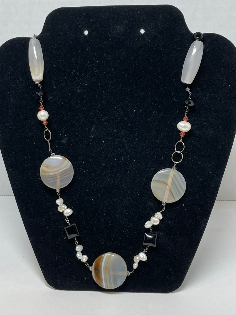 Elegant Sliced AGATE, Freshwater Pearls & Others 925 NECKLACE 32" Lobster CLASP